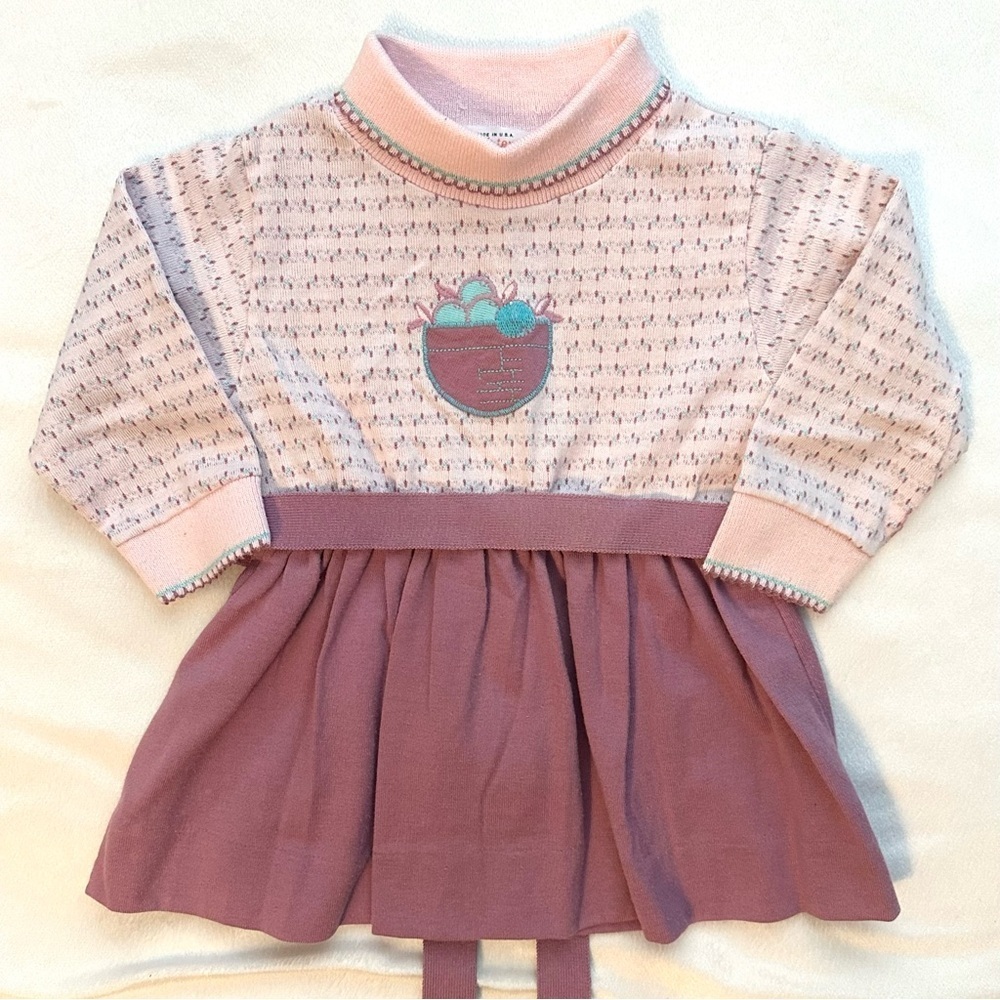 Vintage Health-tex Mauve Pink Belted Turtleneck Knit Dress Toddler 2T Fruit Bowl
